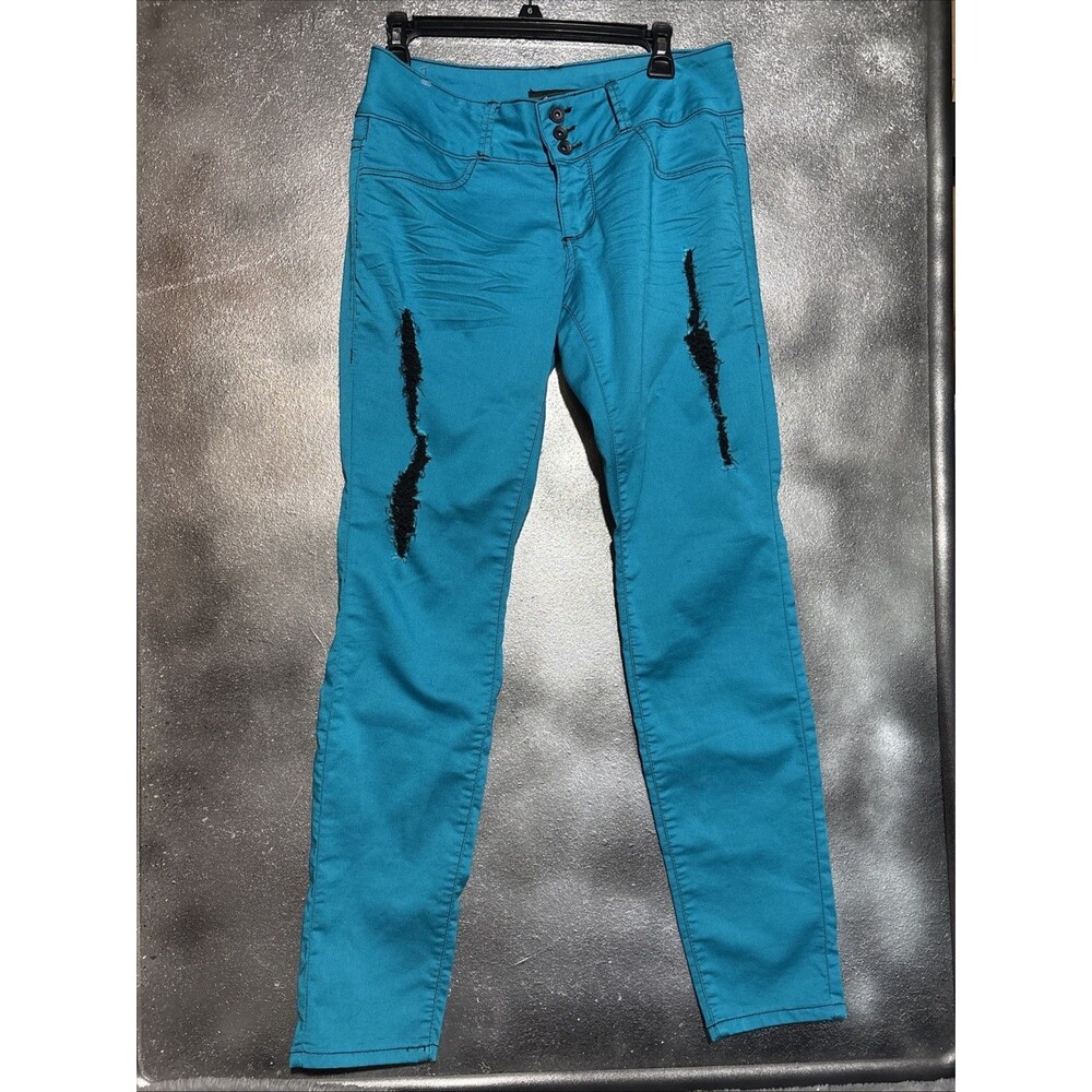 Love Sick Jeans Womens 11 Aqua Denim Distressed Low Rise Dark Stretch Skinny